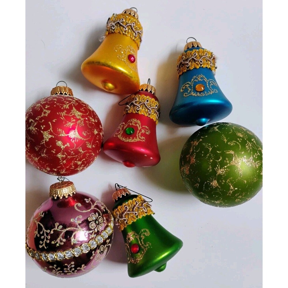 Vintage West Germany Glass Christmas Ornaments Lot 7pc Rhinestone Bell Glitter